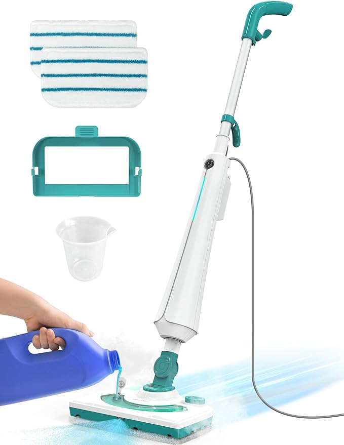 Professional Steam Mop Cleaner, 1300W Floor Steamer with Detergent Chamber, 25S Heat Up, Lightweight Steamer for Cleaning with 2 Washable Pads, Safe for Tiles, Upholstery, Carpet, Hardwood, Teal