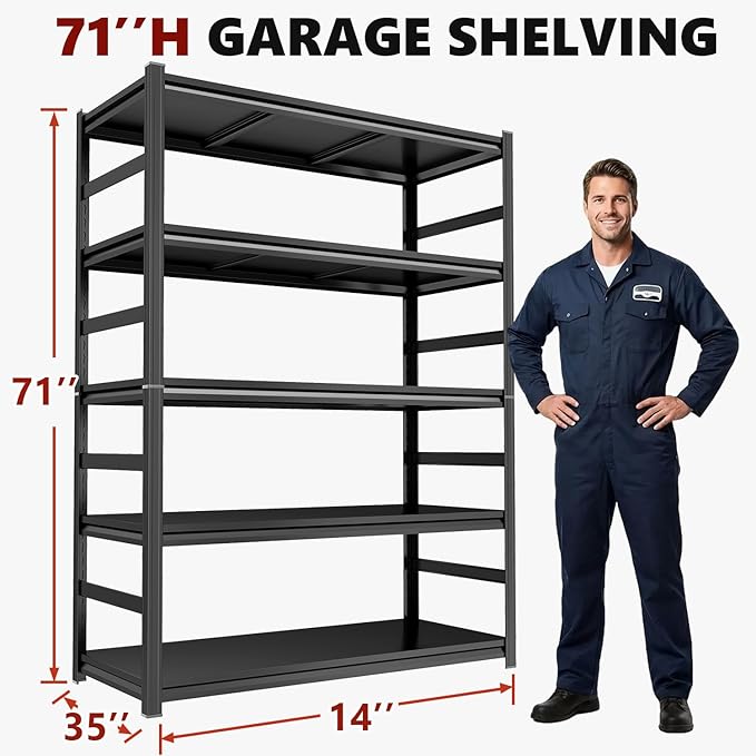 Notmise Metal Garage Shelving Unit, Heavy Duty Steel Storage Rack with High Load Capacity, Ideal for Garage, Warehouse, Basement, or Home Organization Solutions, Black (71" H×35" W×14" D)