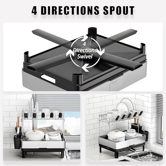Ewaiira Dish Drying Rack, 2 Tier Large Dish Rack, Stainless Steel Dish Drainer for Kitchen Counter, Dishes Rack with Automatic Drainage, Utensil Holder,Cups Holder,Space Saving Kitchen Organizer,Black