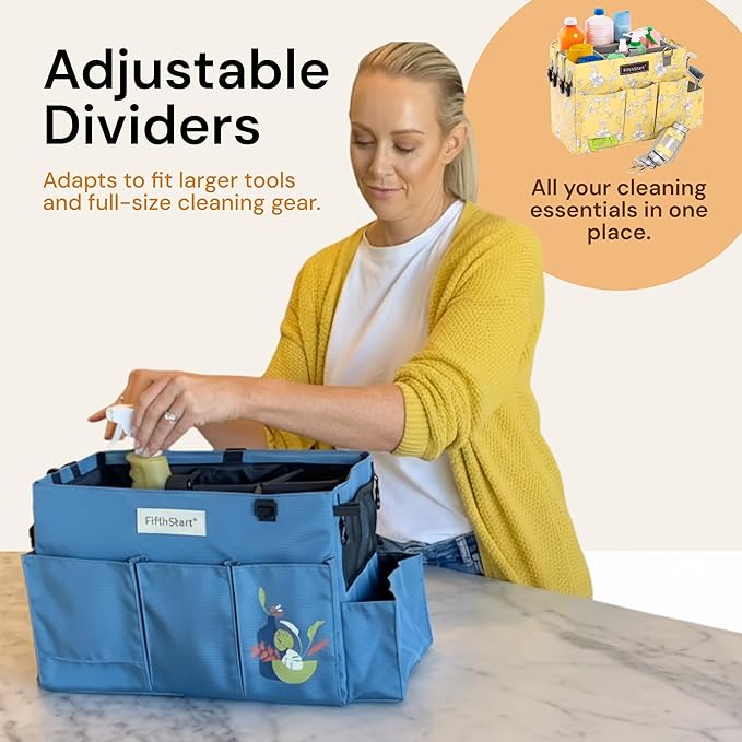 FifthStart Multiuse Cleaning Caddy - Diaper Caddy with Waist, Shoulder Strap, 9 Pockets, Mesh Base & Adjustable Compartments - Cleaning Supplies Organizer (Yellow Floral, Large)