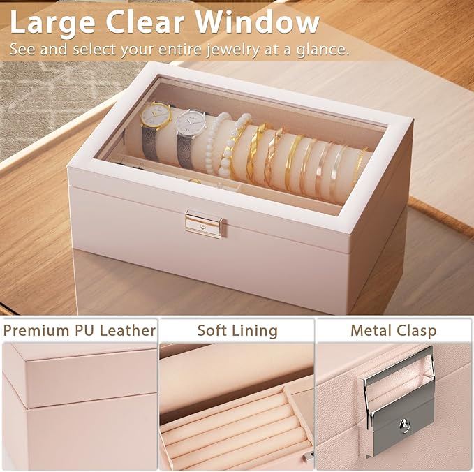 Jewelry Organizer Box with Clear Glass Lid, Bracelet Holder Jewelry Storage Case for Earrings, Rings, Bangles, Watches - PU Leather Jewelry Display Box Gifts for Women Girls, Pink
