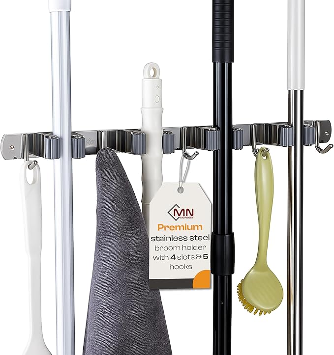 Heavy-Duty Stainless-Steel Broom Holder Wall Mount with 4 Racks and 5 Hooks | Rust Resistant Mop and Broom Hanger | Adjustable, Garage & Garden Tool Organizer | Silver Color