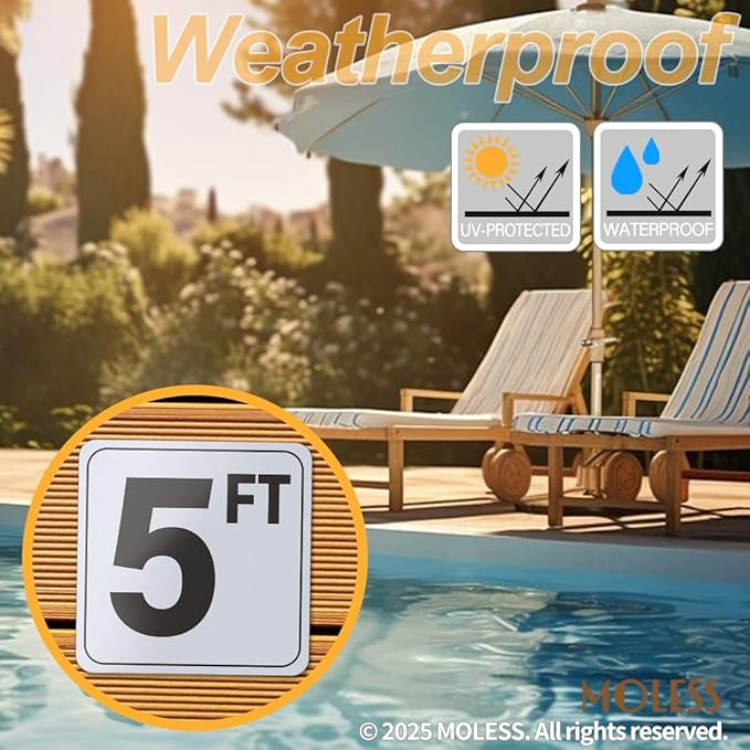 5FT Pool Depth Marker Stickers – 6x6″ Anti-Slip Vinyl Tile Stickers for Swimming Pool Safety Signs, Adhesive Pool Depth Markers for Decks, 5 FT (1 Pack)