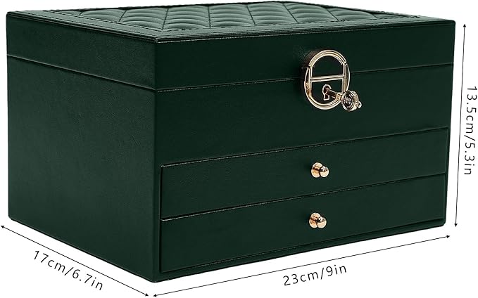 Jewelry Case 3 Layers Jewelry Organizer,Watch Box Earring Storage Box,Necklaces Holder Rings Organizer with Pull-Out Drawer,Lock,Green (Green)