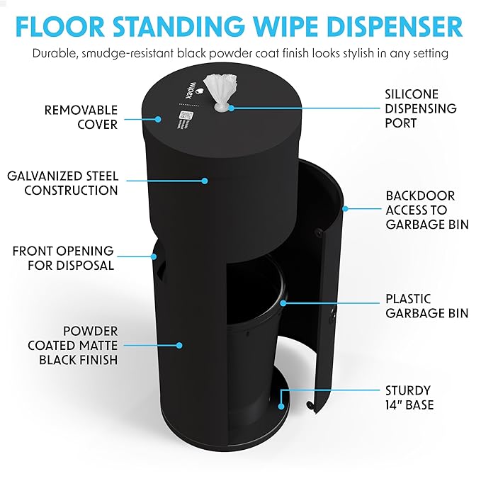 Wipex Wipe Dispenser & Refill Bundle - 1400ct 8"x12" Large Gym Wipes for Equipment, Lemongrass & Eucalyptus Scent with Premium Black Stainless Steel Floor Dispenser & Trashcan