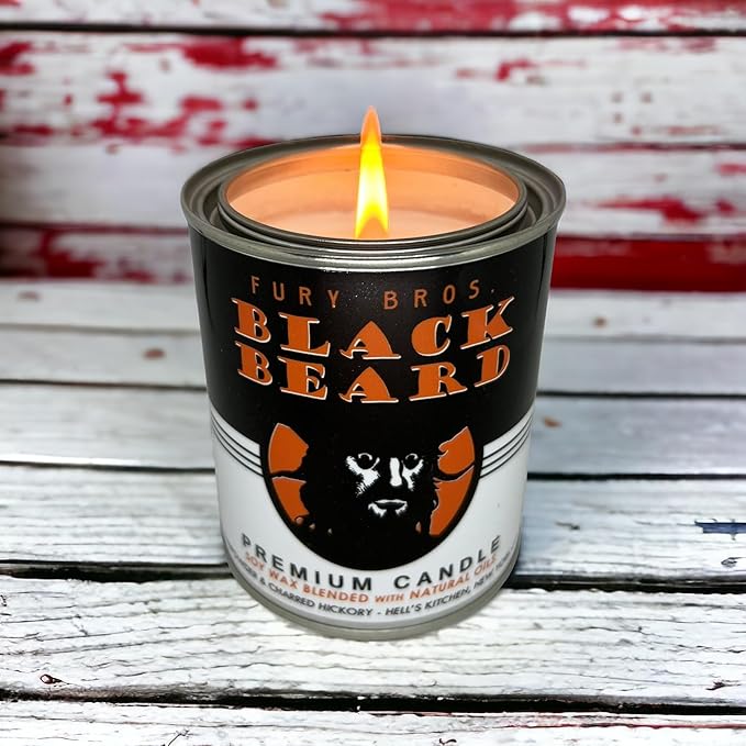 Fury Bros. Scented Candles for Men | Black Beard | Gunpowder & Charred Hickory | Natural Soy Wax | Hand-Poured in the USA | Long 70-80 Hour Burn (12.5 oz) | Vintage-inspired Tin Design | Dad Home Gift