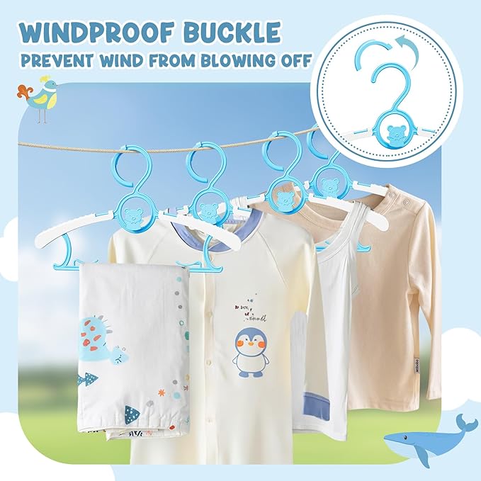 50 Pack Kids Hangers for Nursery Closet, Adjustable Non-Slip Toddler Baby Hangers with Windproof Buckle, 11-14" Infant Child Plastic Clothes Pant Hanger for Boys Girls Newborn Adult, Blue