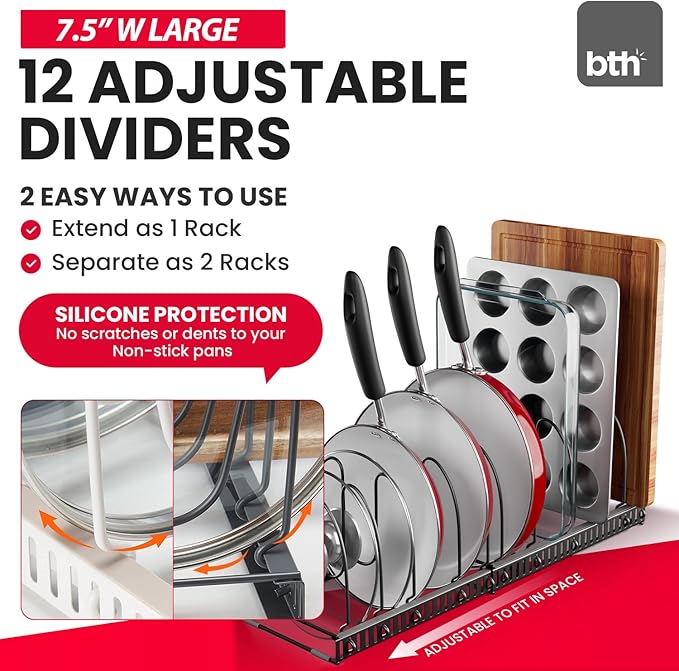 Better Things Home 12-Slot Adjustable Pan and Pot Lid Organizer with Scratch-Free Pads, Expandable Pot Lid Holder Rack for Cabinet, Pots and Pans Organizer Inside Cabinet