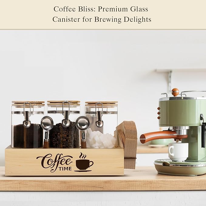 EQEY Glass Coffee Canister Set with Shelf & Spoons - 3 Piece Airtight Seal Coffee Bean Storage Containers & Filter Holder for Kitchen Organization