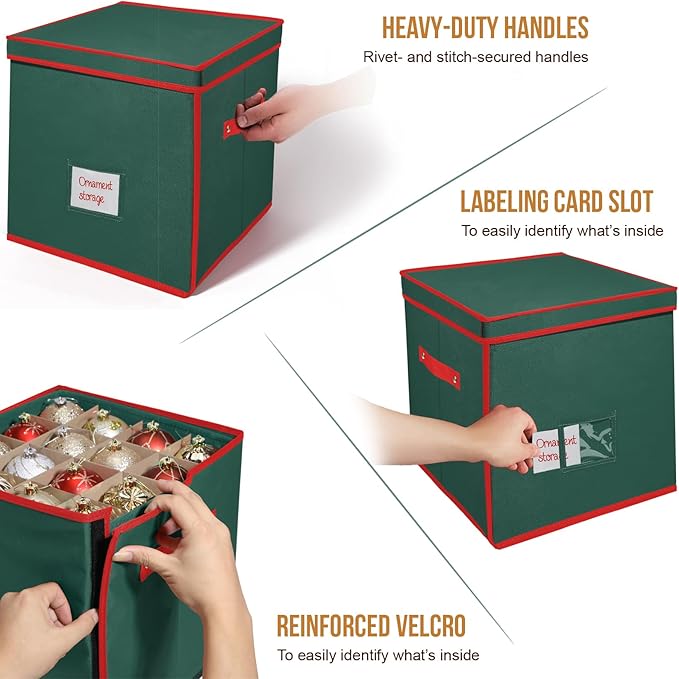 WDZREE Premium Large Christmas Ornament Storage,Box with Side Open, Drawer Style Trays - 3" Compartment, 4 Trays, Keeps 64 Holiday Ornaments -Made of Durable 600D Oxford Fabric Tear-Proof Material