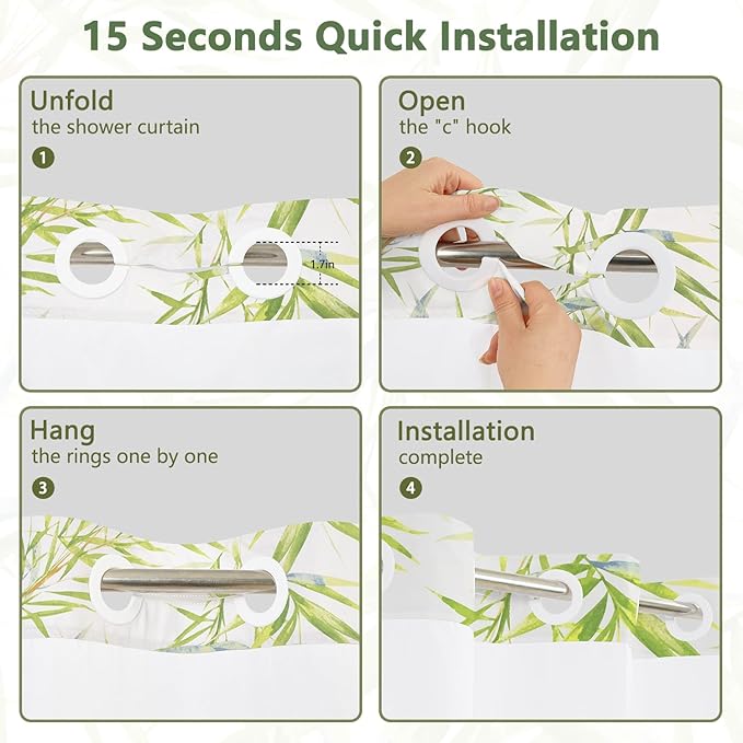 Grass Green Bamboo Leaves Shower Curtain and Liner Set, Waterproof Washable Fabric No Hook Shower Curtain, Modern Nature Botanical Aesthetic Bathroom Curtains with Top Sheer Window, 71x74 Inch