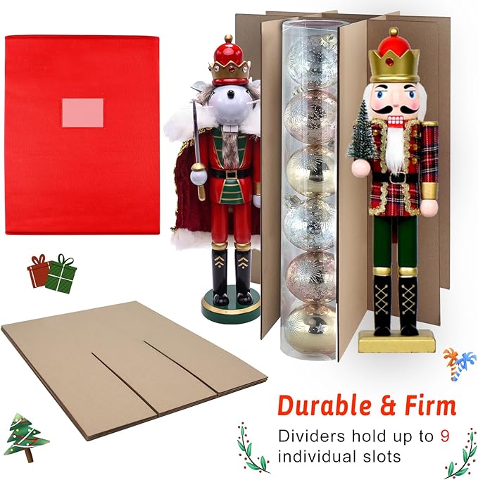 Christmas Nutcracker and Figurine Collectible Storage Box, Fits 9 Holiday Ornaments, Stores Up to 16" Tall Ornaments, Holiday Decor Organizer with Dividers, Nutcracker not Included(Red)