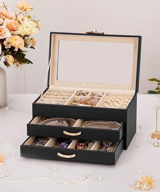 Jewelry Box with 2 Drawers: Display Organizer for Earrings Necklaces - Gifts for Girls Women (Black)