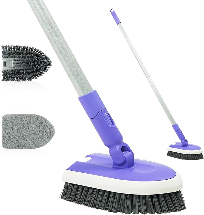 TRENNCHI 2 in 1 Tile Tub Scrubber Brush with 46.8" Extendable Long Handle, Shower Mop and Tub Cleaning Brush with 2 Different Function Cleaning Heads for Cleaning Bathroom Kitchen Wall Bathtub Floor