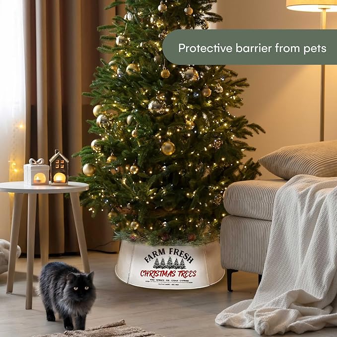 Hallops Oversized Galvanized Christmas Tree Collar - Adjustable Metal Christmas Tree Base Cover for Medium and Large Trees - 36 Inch Diameter Base for Contemporary and Rustic Holiday Decor (White)