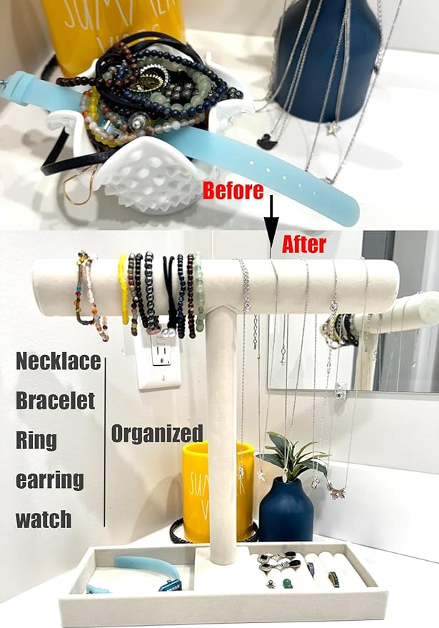 Justsoso Multi-Use Jewelry Holder Stand, Necklace Bracelet Ring Organizer Stand, Scrunchie Watches Velvet Jewelry Holder Stand With Tray for Women Home Use(Beige Color)