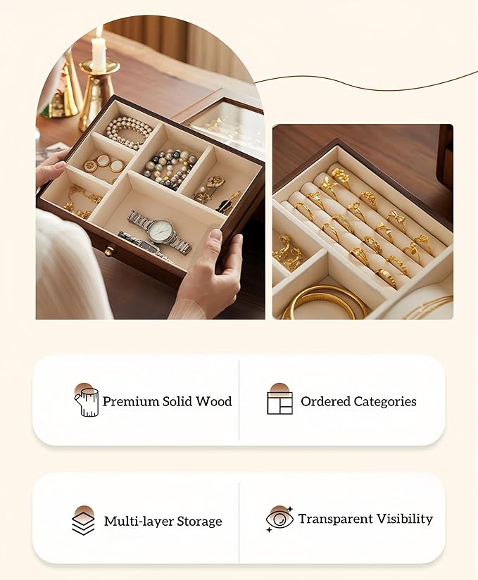 Solid Wood Jewelry Organizer,Vintage Jewelry Box for Women,4 Layer Wooden Box,Jewelry Storage with Glass Lid,Organizers and Storage for Rings,Earrings,Necklace,Watches,Gifts(No Mirror)