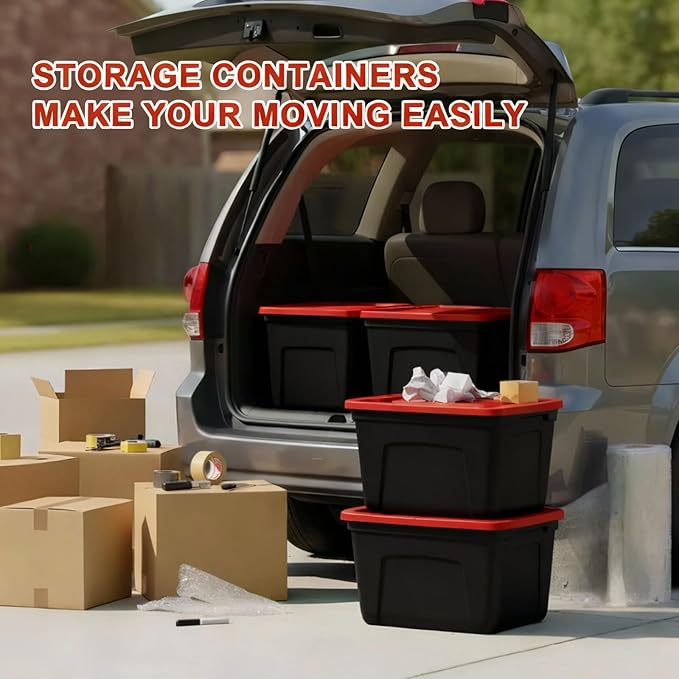 4-Pack Christmas Storage Bins with Lids - Made in USA 18-Gallon(72-Quart)Red Storage Totes,Holiday Organizer,Plastic Stackable Large Storage Boxes for Home,Office,Garage,Basement Red/Black