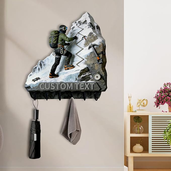 Custom 2D Flat Print Mountaineer Themed Wall Hooks for Mountaineering Enthusiasts Men Women Personalized Name Mountain Theme Key Holder Mountain Theme Key Rack for Living Room Hallway Office Bedroom