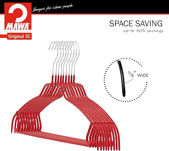Mawa by Reston Lloyd Silhouette Ultra-Thin Series, Non-Slip Space Saving Shirt Hanger with Pant Bar & Skirt Hooks, Style 42/FTU, Pack of 2, Red