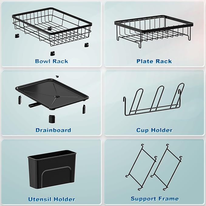 GAOKASE 2 Tiers Dish Drying Rack, Space-Saving Dish Racks for Kitchen Counter, Dish Drainer Drying Rack with Drainboard, Utensil Holder Cups Holder Plate Rack and Automatic Drainage Drainboard, Black
