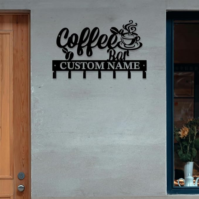 Personalized Custom Name Coffee Bar Wall Keys Hooks,Metal Coffee Shop Art Clothes Hooks,Metal Coffee Lover Wall Home Storage Decorative,For Front Door, Hallway, Kitchen, Bedroom,Keys,Hats (Style E)