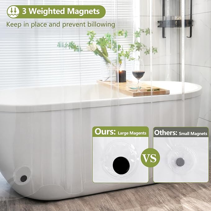 Waterproof Clear Shower Curtain with 3 Large Magnets, Bpa-Free PEVA 8G Shower Curtain Liner Weighted, 72 x 72 inch See Through Transparent Plastic Shower Curtain Durable for Bathroom