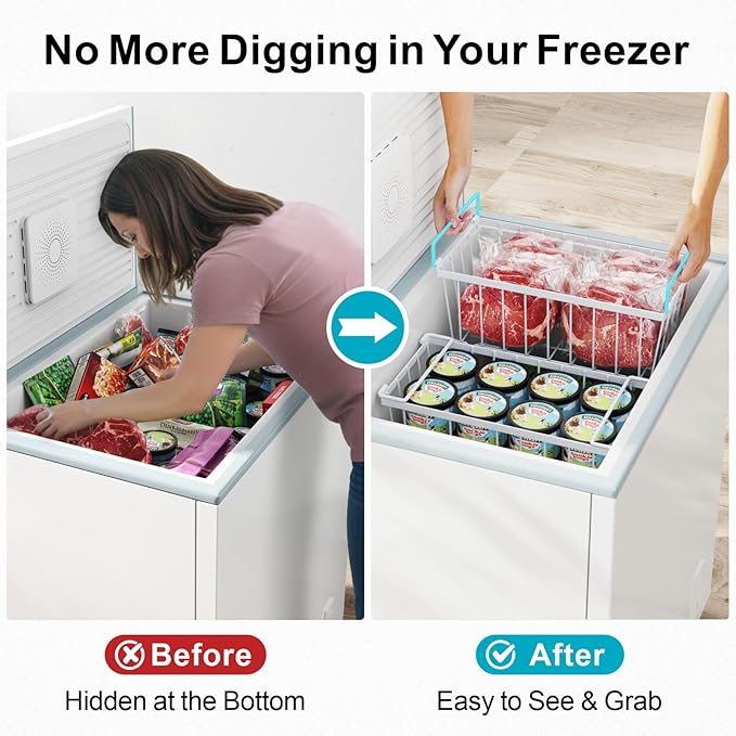 iSPECLE Deep Freezer Organizer Bins - Fits 7 Cu.Ft Chest Freezer, 8 Pack Stackable Wire Baskets(14.7" Length), Heavy Duty Coated Freezer Organizer, Rust Resistant for Frozen Food Sorting, White