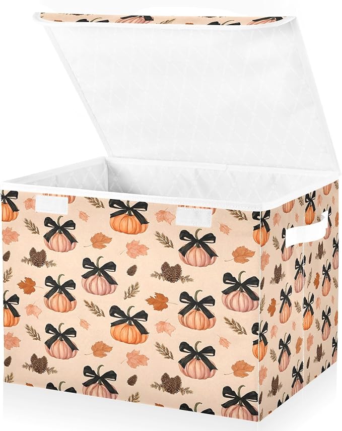 Bolaz Storage Bins with Lids and Handles,Pumpkin Black Bows Leave Pattern Storage Box Basket with Cover Collapsible Organizer Containers for Home Closet, Shelves
