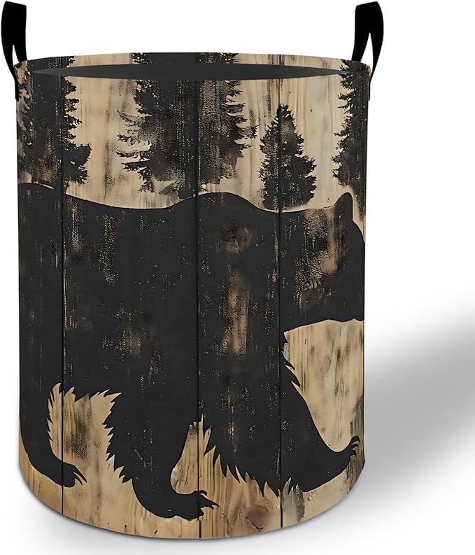 Rustic Bear Laundry Basket Hamper 19.7"x15.8", Forest Foldable Waterproof Oxford Clothes Storage Bucket for Room Bathroom Bedroom Nursery Decor, Toy Organizer Bins Gifts for Kids Boys Girls