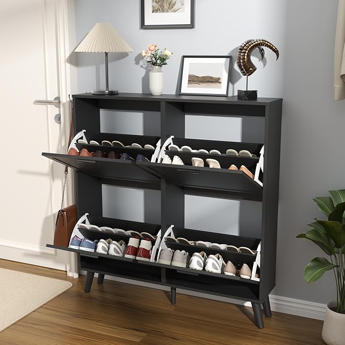 Black Large Shoe Cabinet fit up to Shoe Size 16, Freestanding Shoe Organizer with 4 Flip Drawers, Narrow Wooden Shoe Rack for Entryway, Closet, Living Room