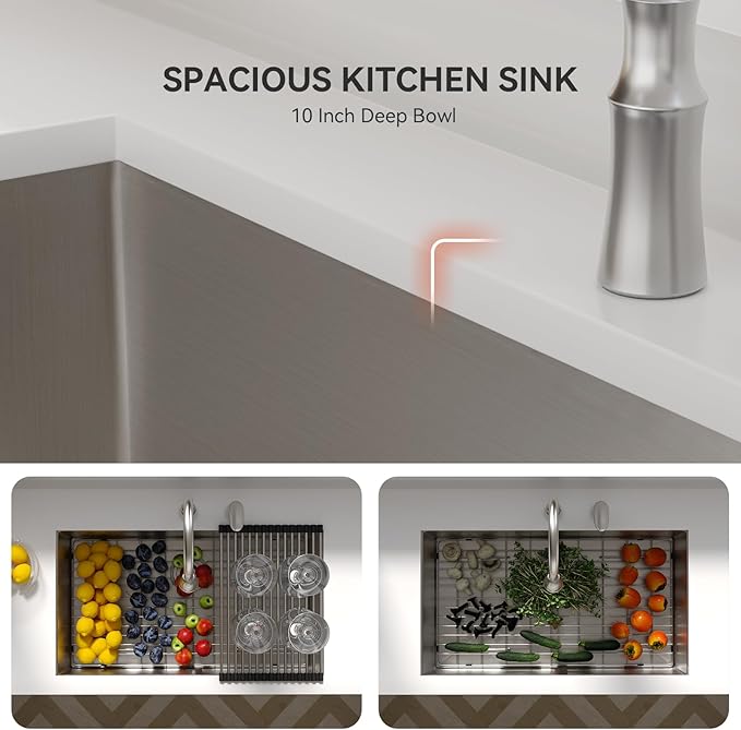 Lordear 33 Undermount Kitchen Sink 33x19x10 Inch Stainless Steel Single Bowl Kitchen Sinks Round Corner 16 Gauge Handmade Under Counter Sinks Basin