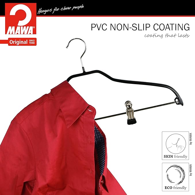 Mawa by Reston Lloyd Silhouette Series Non Slip Space Saving Hanger with Pant Clips, Style 40/FK,Set of 5, Black