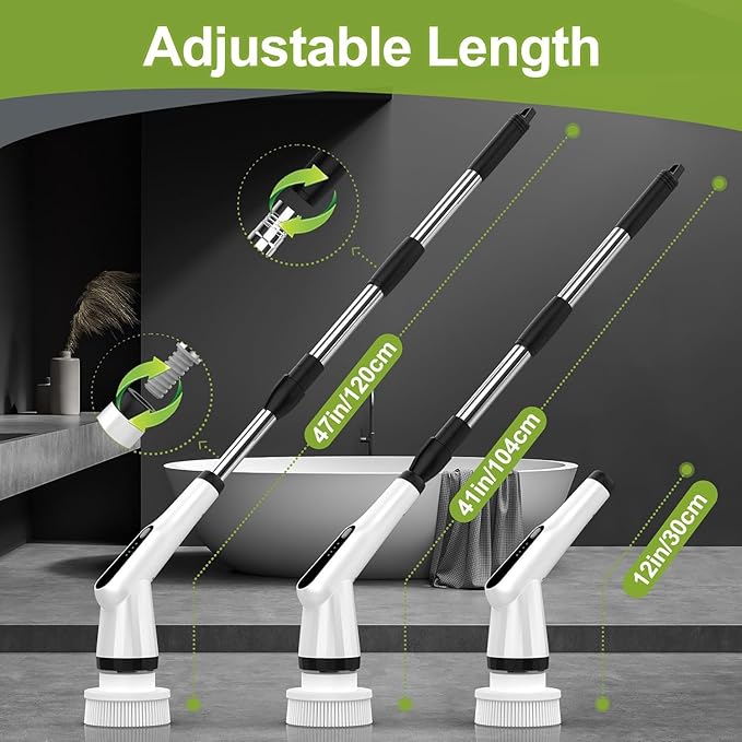 WKY-Electric Spin Scrubber - Upgraded 10-in-1 IPX7 Waterproof Shower Scrubber, Retractable Handle & 2-Speed for Toilet, Bathroom, Bathtub, Tile Floors