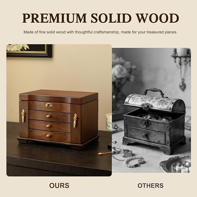 KINTNESS Black Walnut Wooden Jewelry Box with Lock - 3 Drawers Large Jewelry Organizer for Women Girls with 2 Side Storage Space and A Mirror, Jewelry Safe with Key for Bracelet, Necklace, Ring