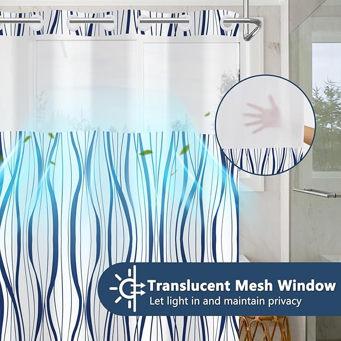 Abstract Blue Striped Shower Curtains for Bathroom, Waterproof Double Layers Fabric Printed No Hook Shower Curtain and Liner Set, Modern Geometric Hotel Luxury Decor Bathroom Curtain, 71x74 Inch