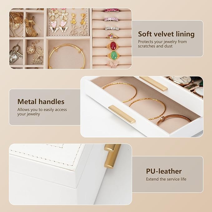 3-Layer Jewelry Box for Women, Jewelry Organizer with Glass Lid and Drawers, Jewelry Organizers and Storage for Necklaces, Rings, Earrings, Bracelets - White/Green/Black.