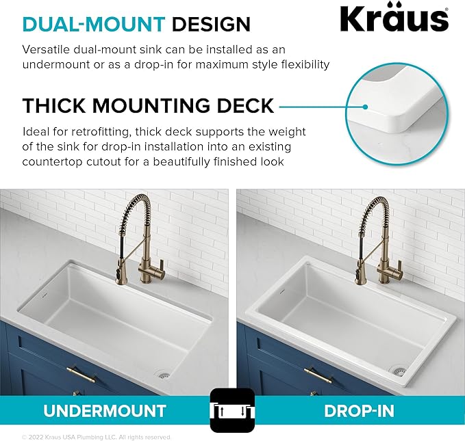 KRAUS Turino 33-inch Fireclay Workstation Drop-In/Undermount Single Bowl Kitchen Sink in Gloss White, KFDW1-33GWH