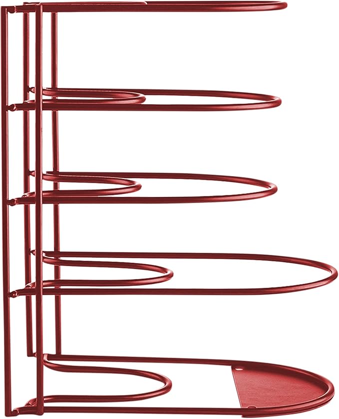 Extreme Matters Heavy-Duty Pots and Pans Organizer | 5-Tier Cookware & Lid Storage Rack | Free-Standing or Wall-Mount | Kitchen Organizer for Cast Iron Skillets, Pots, Frying Pans, Lids | Red