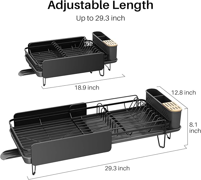 SNTD Dish Drying Rack - Large Dish Racks for Kitchen Counter, Expandable Dish Drainers with Cutlery Holder Stainless Steel Rustproof, Black