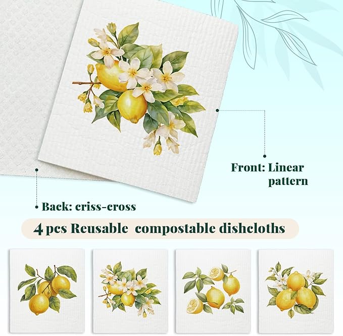 LARTSFRO Swedish Dishcloths for Kitchen, Papaya Reusable Paper Towels Washable, Summer Lemon Swedish DishCloths for Friut, 4 Pack Dish Towels for Kitchen, No Odor Cleaning Cloths