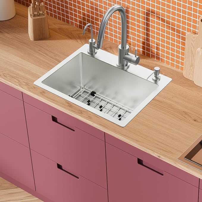 Kitchen & Bar Sink,19.7x15.7Inch Stainless Steel Drop In Small Kitchen&Bar Sink Ideal Choice For Small Space With Bottom Grid,Drain Basket And Drain Assembly Serve Both Kitchen&Bar