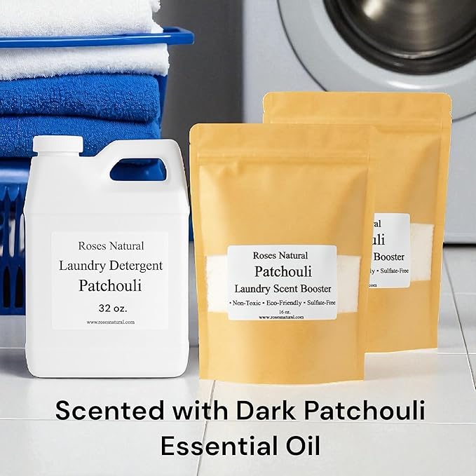 Patchouli Laundry Detergent & Scent Booster Bundle – 32 oz Detergent + 32 oz Booster, Long-Lasting Freshness, Natural Plant-Based Laundry Set, Eco-Friendly & Sulfate-Free, Made in USA
