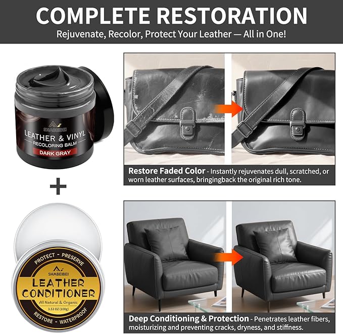 SHABEIBEI Leather Recoloring Balm with 100ml Mink Oil, Dark Gray Leather Repair Kit and Scratch Remover for Furniture, Car Seats, Sofas, Dye & Restorer for Couches, Vinyl, PU, Faux