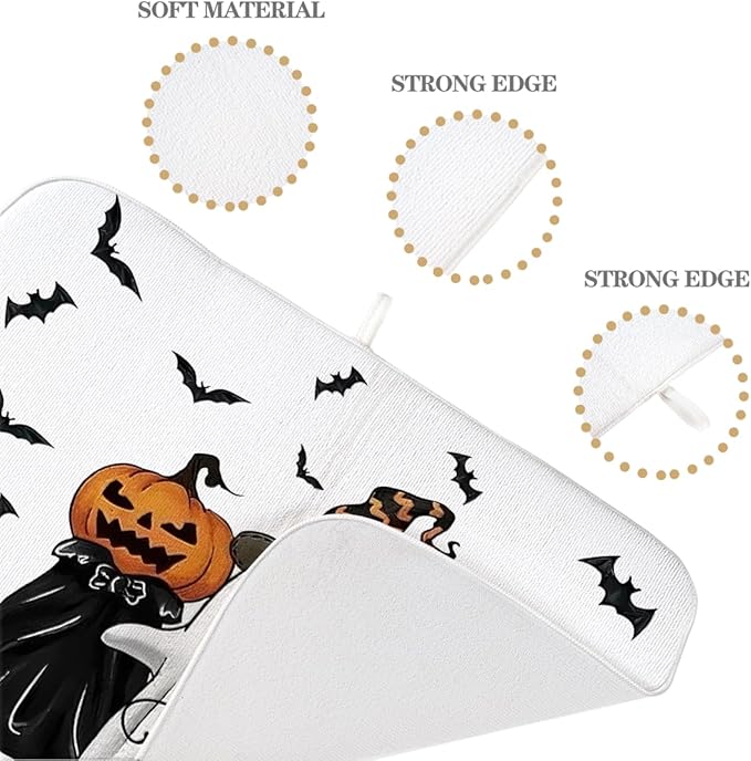 Halloween Dish Drying Mat 18 x 24 Inch Ghost Spooky Jack-O'-Lantern Pumpkin Drying Mat for Kitchen Counter Absorbent Black Cat Bats Dishes Dry Pad for Drainer Rack Kitchen Fast Dry