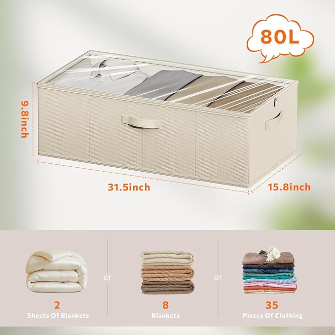 Chizjox 10inch 3 Pack Under Bed Storage Containers, 10 Inch Tall Underbed Clothes Storage Organizer Bin with Clear Window，Foldable Box Basket for Clothes, Closet, Bed Sheets and Blankets Beige