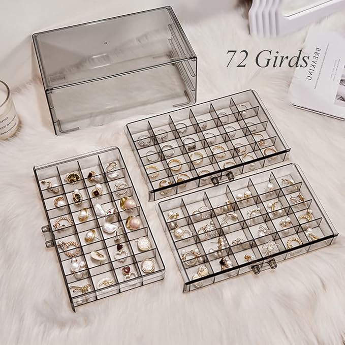 Earring Storage Box Organizer 3 Drawers Acrylic Jewelry Storage Box Holder Transparent Jewelry Display Stand with 72 Small Compartments Gift for Women Girls (Clear Black)