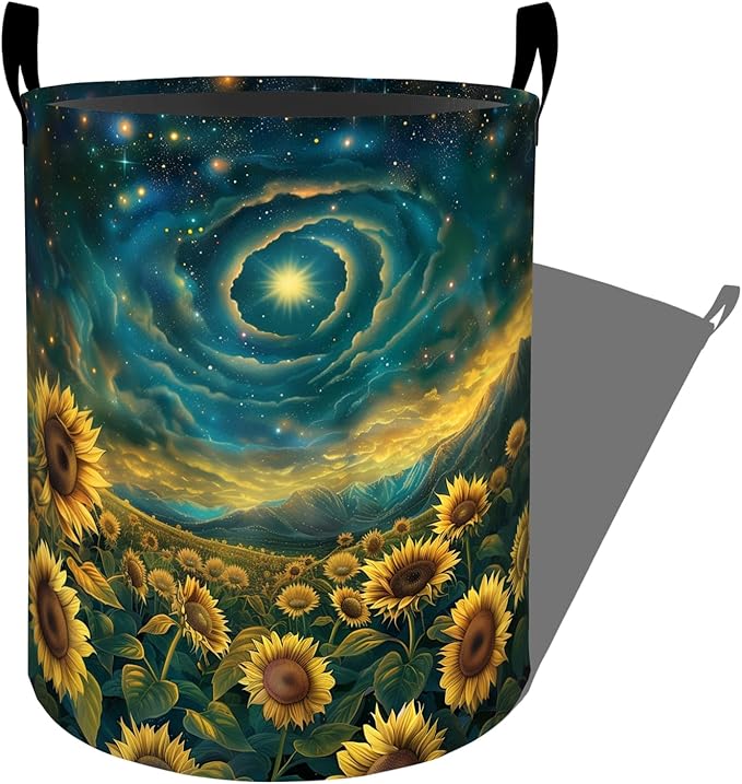 Starry Sky Sunflower Field Laundry Basket with Handles, 19.7"x15.7" Clothes Foldable Laundry Hamper Organizer for Dorm Nursery Bedroom Bathroom Decor, Toy Storage Bin for Kids