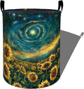 Starry Sky Sunflower Field Laundry Basket with Handles, 19.7"x15.7" Clothes Foldable Laundry Hamper Organizer for Dorm Nursery Bedroom Bathroom Decor, Toy Storage Bin for Kids