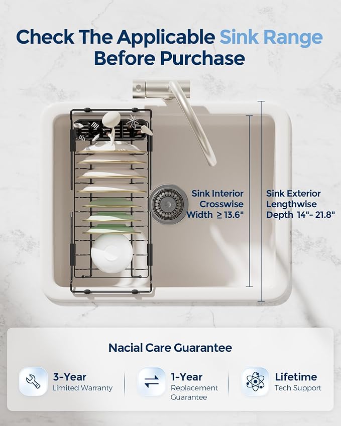 Nacial 2-in-1 Small Dish Drying Rack Fits 14''–21.8'' Sink, Dish Drainers for Kitchen Counter Extend Kitchen Sink Drain Basket with Utensil Holder & Auto-Drain Tray, Stainless Steel Plate Rack, Black
